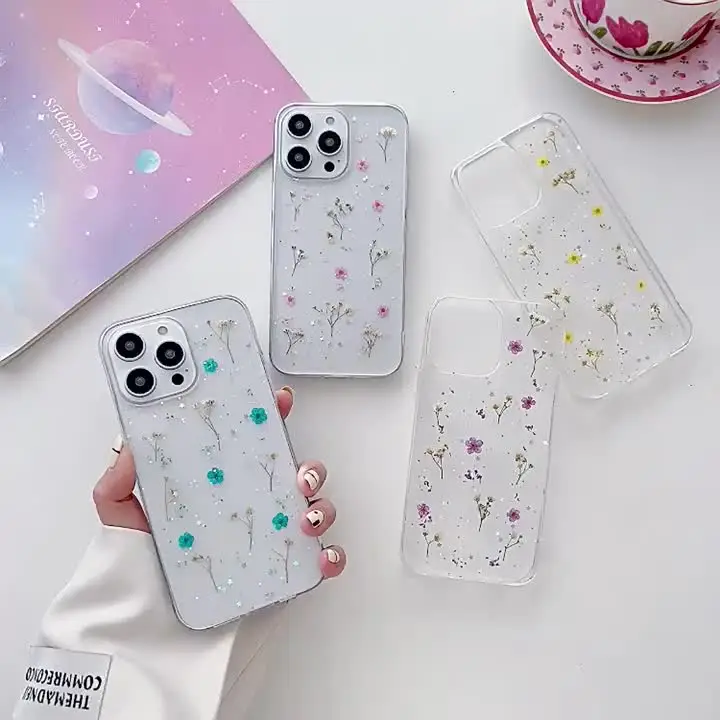 高級ドライリアルフラワーブリンブリングリッター電話ケース iPhone 14