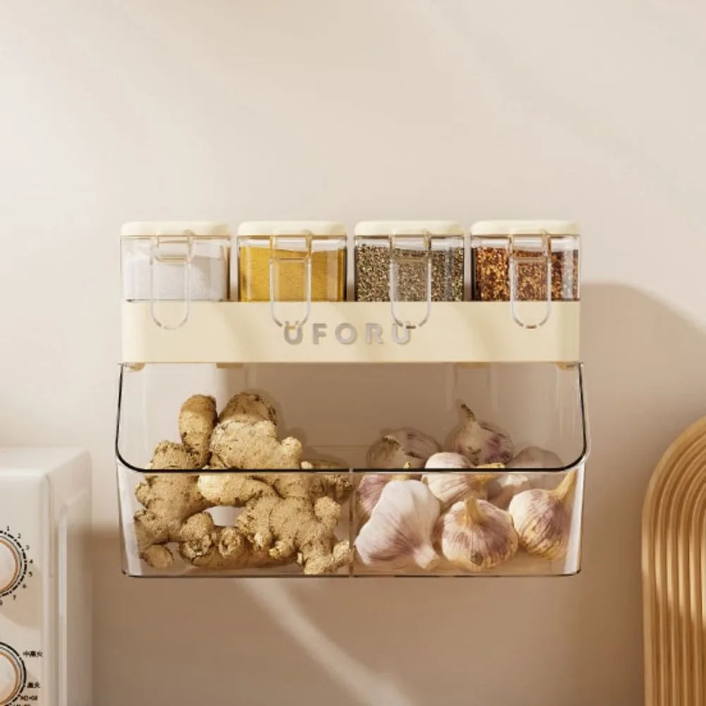 Description Picture 5 of itemWall-mounted Condiment Jar Storage Rack Space-saving Durable Kitchen Organizer Rack Plastic Ginger Garlic Storage Box