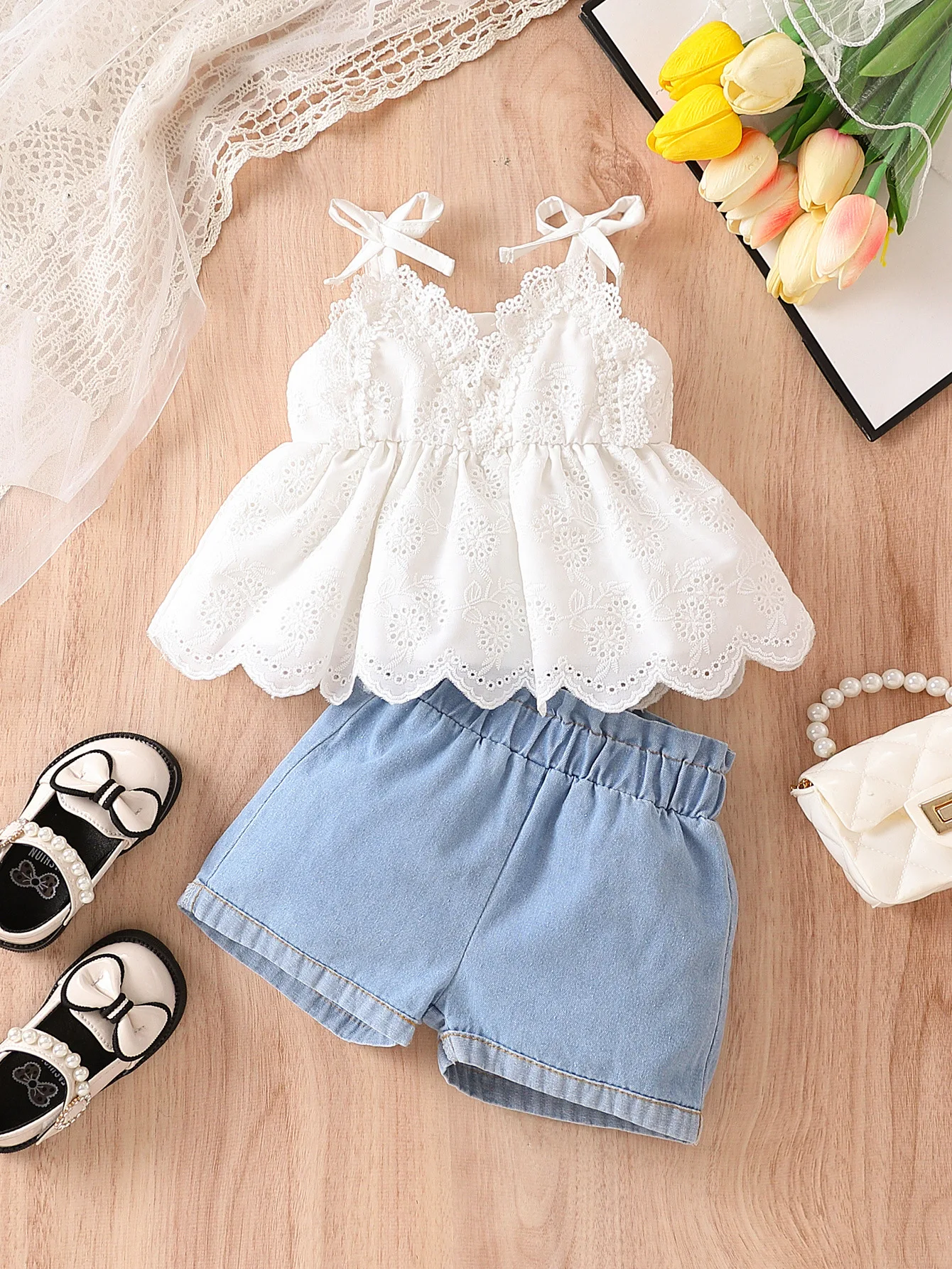Infant/Toddler's 2pc Laced Top with Denim Shorts 1