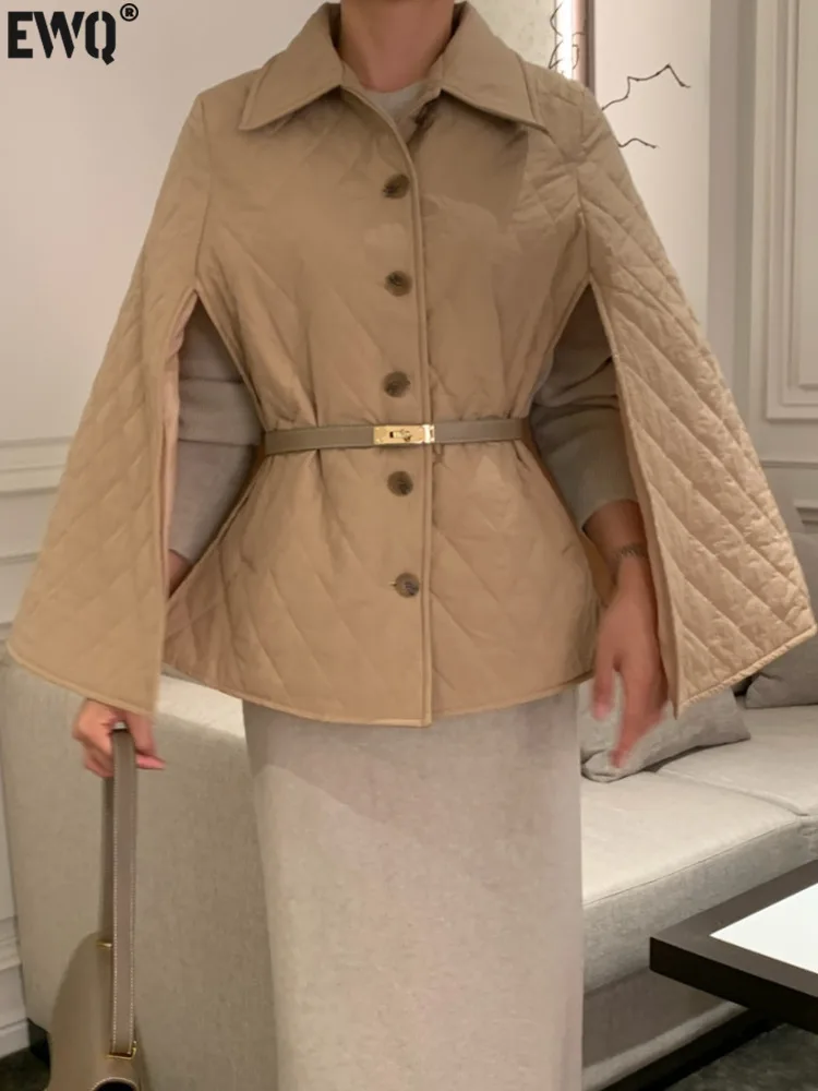 

[EWQ] korea chic Lapel Single Breasted Quilted Plaid Cape Coat Long Sleeve Cotton Padded Jacket Women 2023 Autumn Winter 16U6803