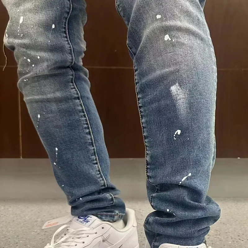High Street Fashion Men Jeans Retro Blue Stretch Skinny Fit Ripped Jeans Men Painted Designer Elastic Hip Hop Brand Pants Hombre