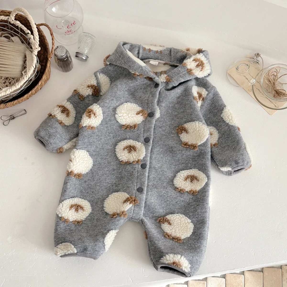1-18 mesi bambino inverno grigio con cappuccio agnello ricamato manica lunga peluche tuta quotidiana neonato ragazzi ragazze vestiti caldi - immagine 4