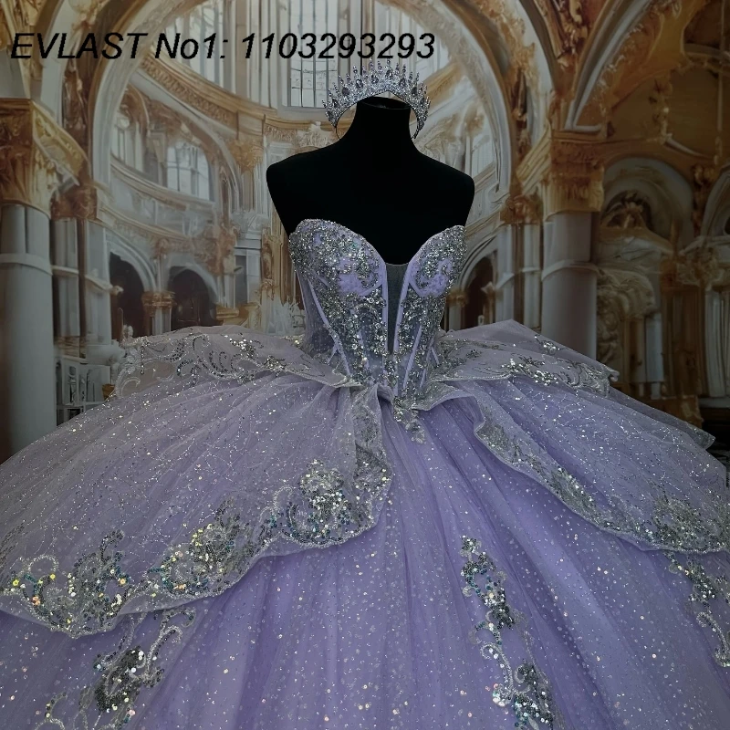 EVLAST Lilac Ball Gown Quinceanera Dress Silver Lace Applique Beaded Bow Sweet 16 Vestidos De 15 Anos E1Q623