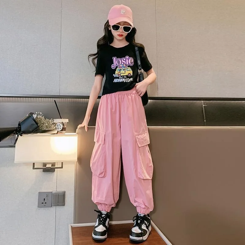 

2023 Teenager Girl summer Kids Clothes crop top t-shirt tops + Ankle-tied cargo pants Tracksuit Children set 8 9 10 11 12 year