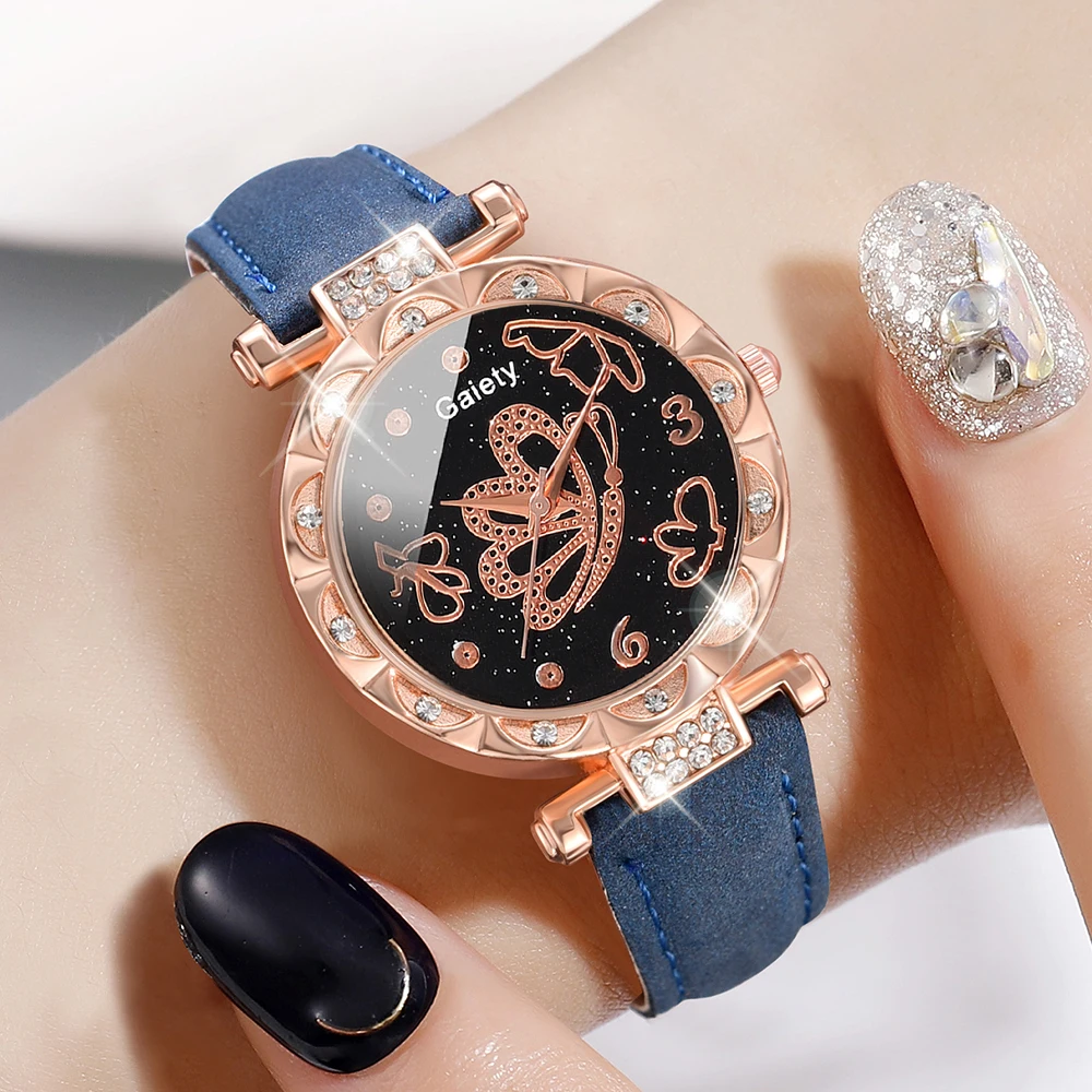 5PCS Blue Women Watch Fashion Light Luxury Butterfly Element Dial Quartz Wristwatch Leather Strap Watch Jewelry Set Gift For Her 2