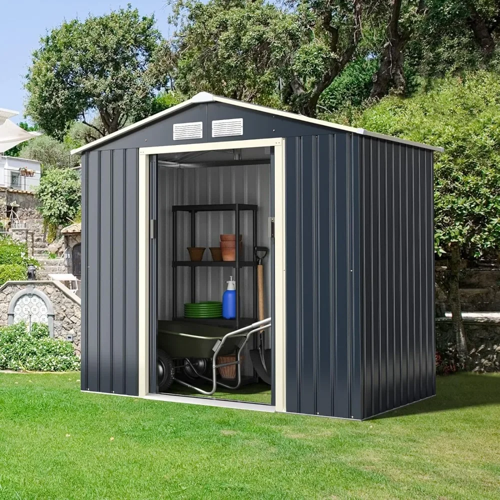 

Sheds Outdoor Storage Shed Patio 7' X 4' Metal Garden Shed With 4 Vents & Double Sliding Door Lawn Tools Prefabricated Warehouse