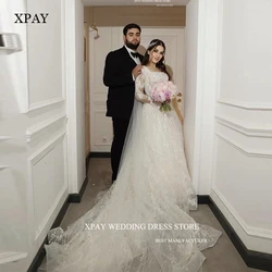 XPAY Modest Lace Applique A Line Wedding Dresses Long Sleeves Square Neck Muslim Dubai Arabic Women Classic Bridal Gown Veil