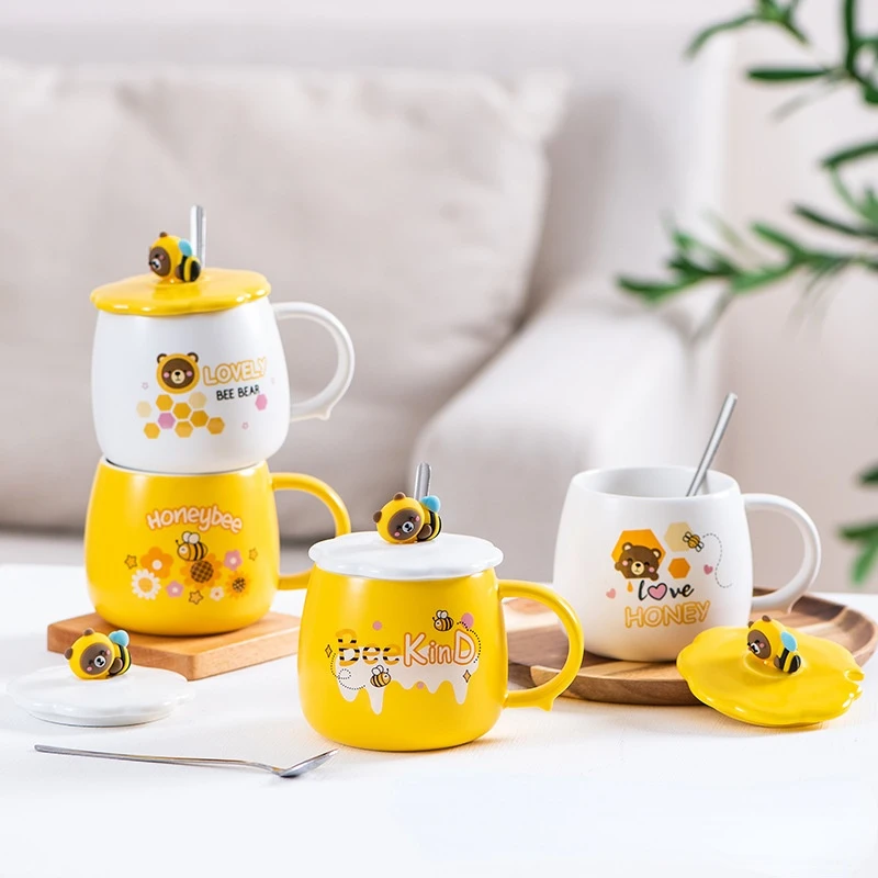 450ML Bee Cartoon Glass Spoon Milk Cup Ceramic Honey Mug With Cover  Creative Tea Cup Bee