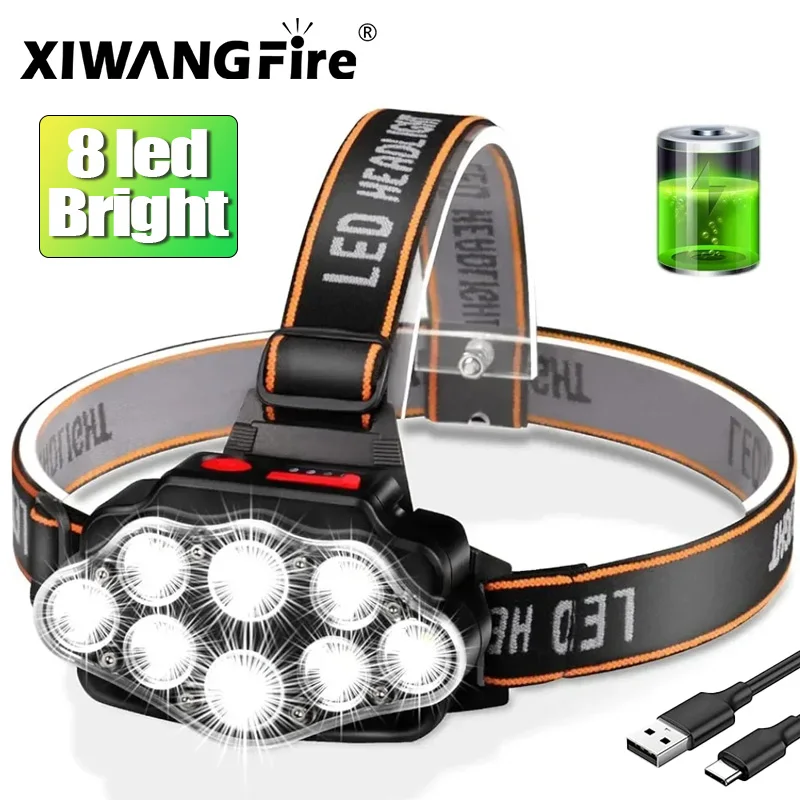Lampe frontale 8 LED rechargeable puissante pour pêche et randonnée - Éclairage longue portée