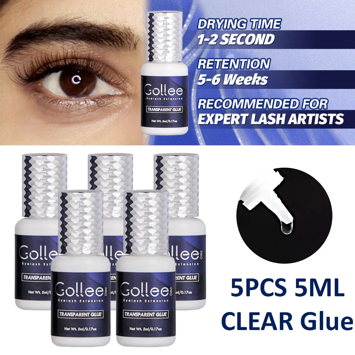 

5pcs Gollee 1s Fast Dry Clear Gule for Eyelash 10pcs Super Bonder Lashes with Clean Ethanol Primer Waterproof Adhesive Eyelash