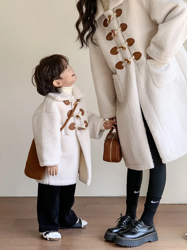 

Winter White Plush Thickened Loose Jacket Children Girl Boy Jacket Mother Kids Matching Warm Overcoat