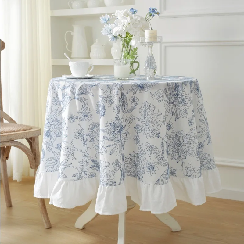 Blue Embroidered Flowers Cotton Tablecloth,Tea Table Decor,Rectangle Table Cover For Kitchen Wedding Party Festival Dining Room 4