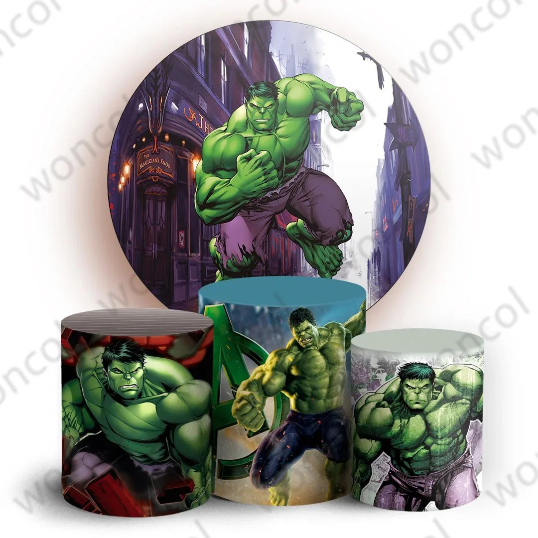 Super Hero Hulk Smash Circle Fondale Boy Birthday Photo Background Baby Shower Round Cilindro Cover Decorazioni Photo Booth Prop