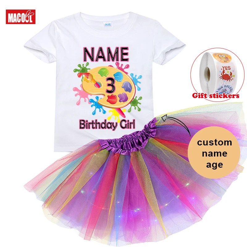 

Birthday Dress Kids Girl Set Princess Clothing Rainbow Children T Shirt Summer 3PC Kids T-shirt+Girls' Skirt+Children's Stickers