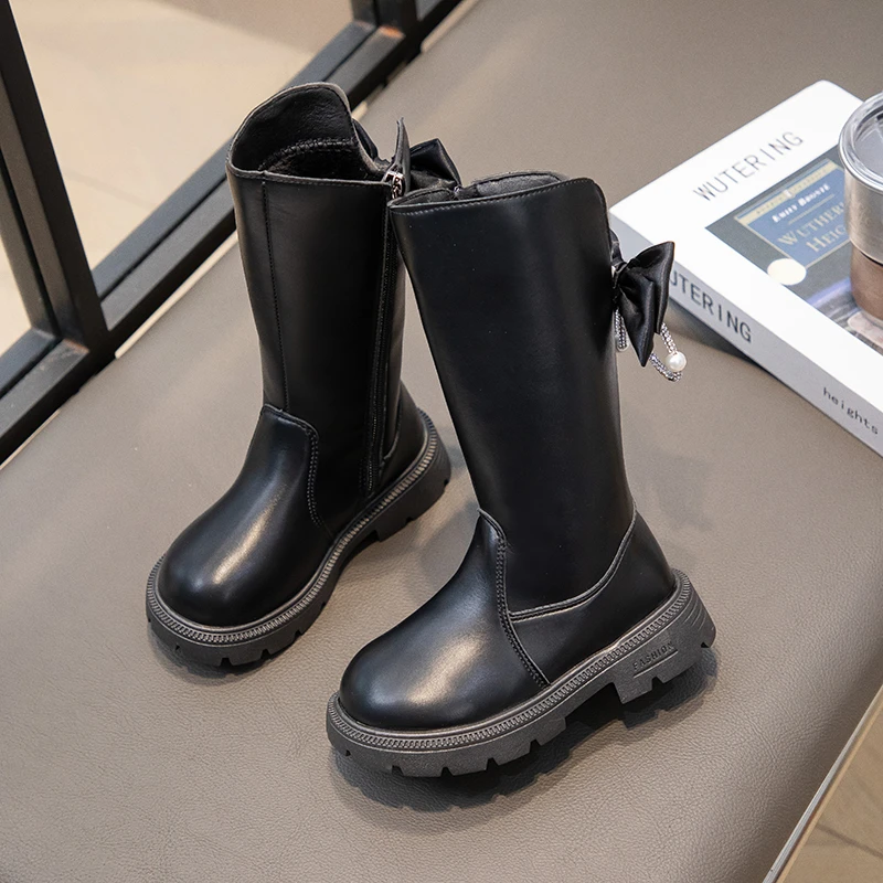 Girls Leather Mid Calf Boots Winter Kids Non Slip