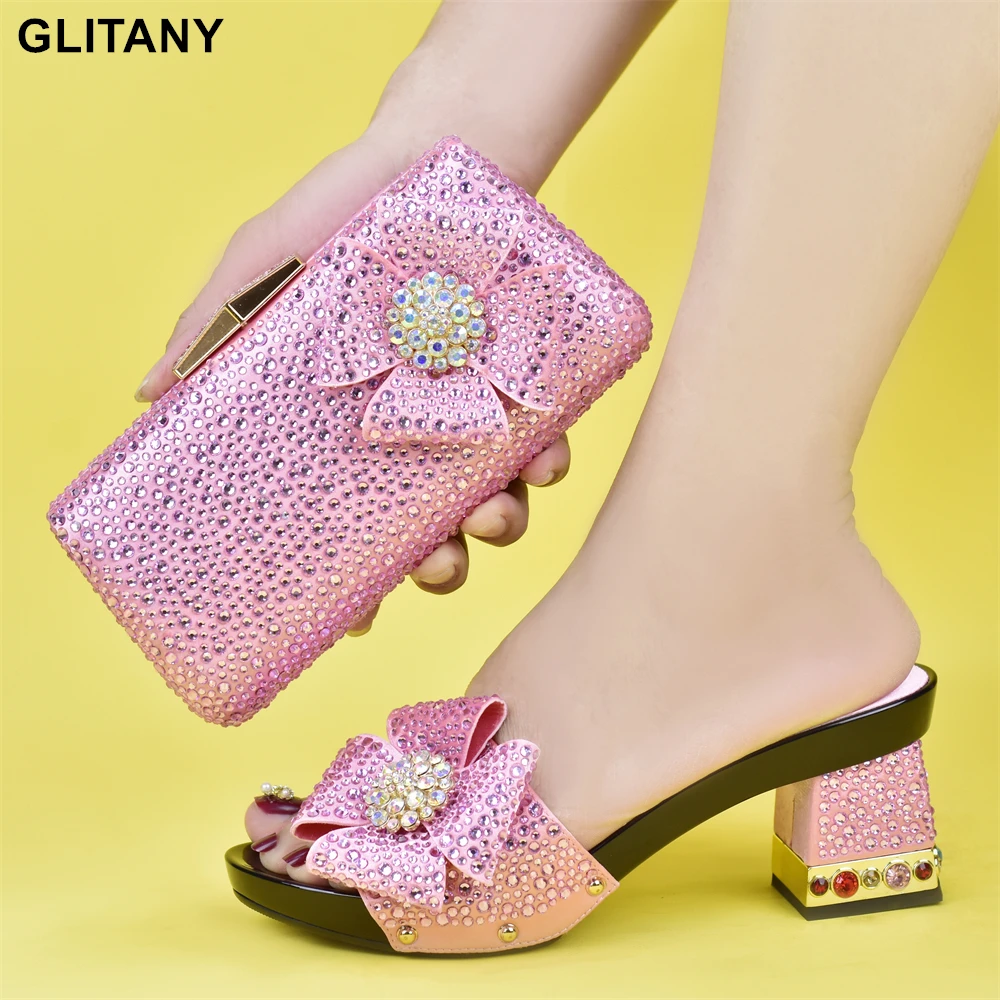 

Latest Italian Shoes with Matching Bags for Wedding Italy Nigerian Women Wedding Shoes with Bag Set Decorated with Rhinestone