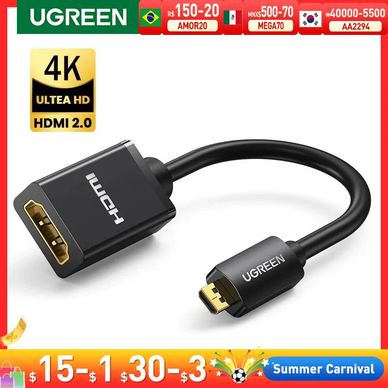 

UGREEN Micro HDMI Adapter High-Speed Male to Female HD 4K/60Hz 3D for Raspberry Pi 4 GoPro Mini Micro adapter 22cm Cable