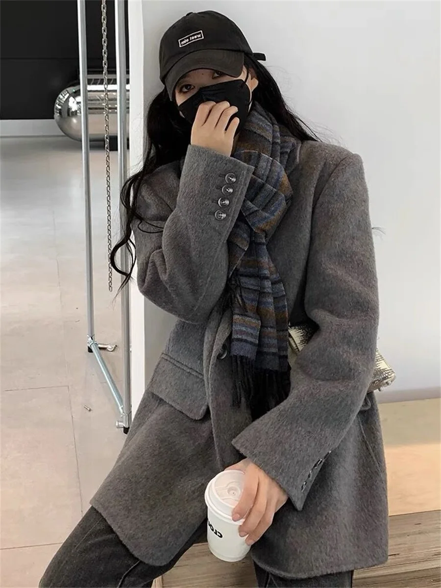 Gray Woolen Blazer Women's Thickened Warm Double-Breasted Lapel Mid-Length Fashion All-Match Autumn  Winter High-Grade Overcoat