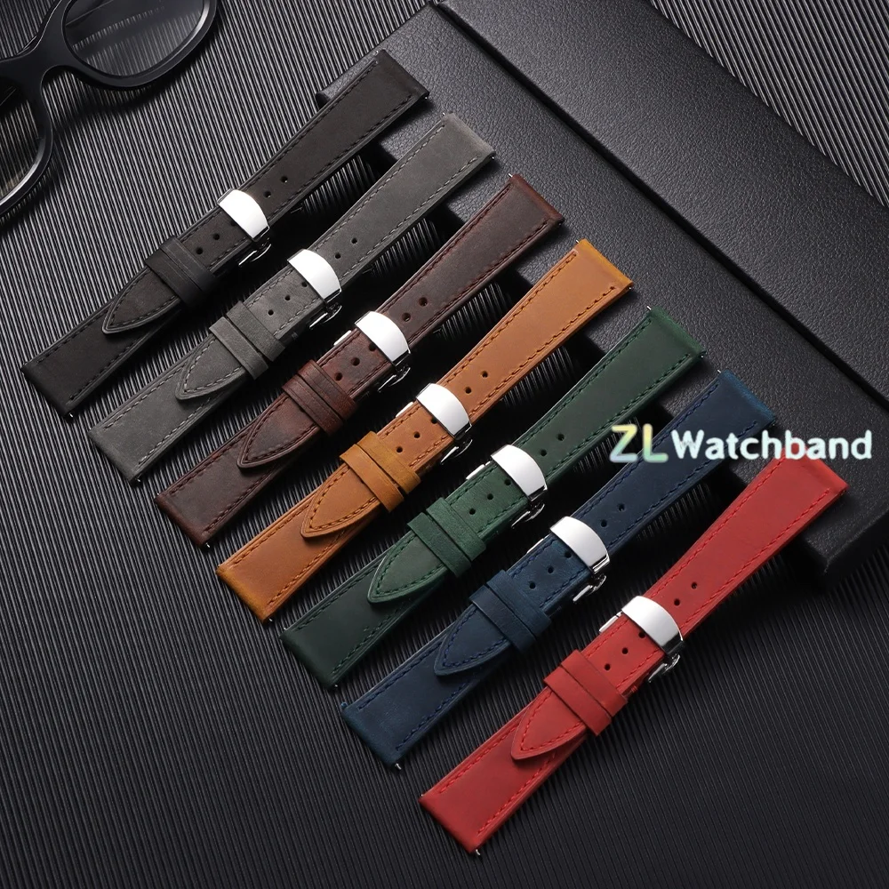 Premium Leather Watch Band with Butterfly Clasp - Quick Release Wristband in Black or Brown