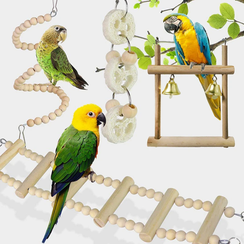 

8Pcs Bird Cage Toys For Parrots Wood Birds Swing Hanging Chewing Bite Rack Toys Beads Shape Parrot Toy Bird Toys