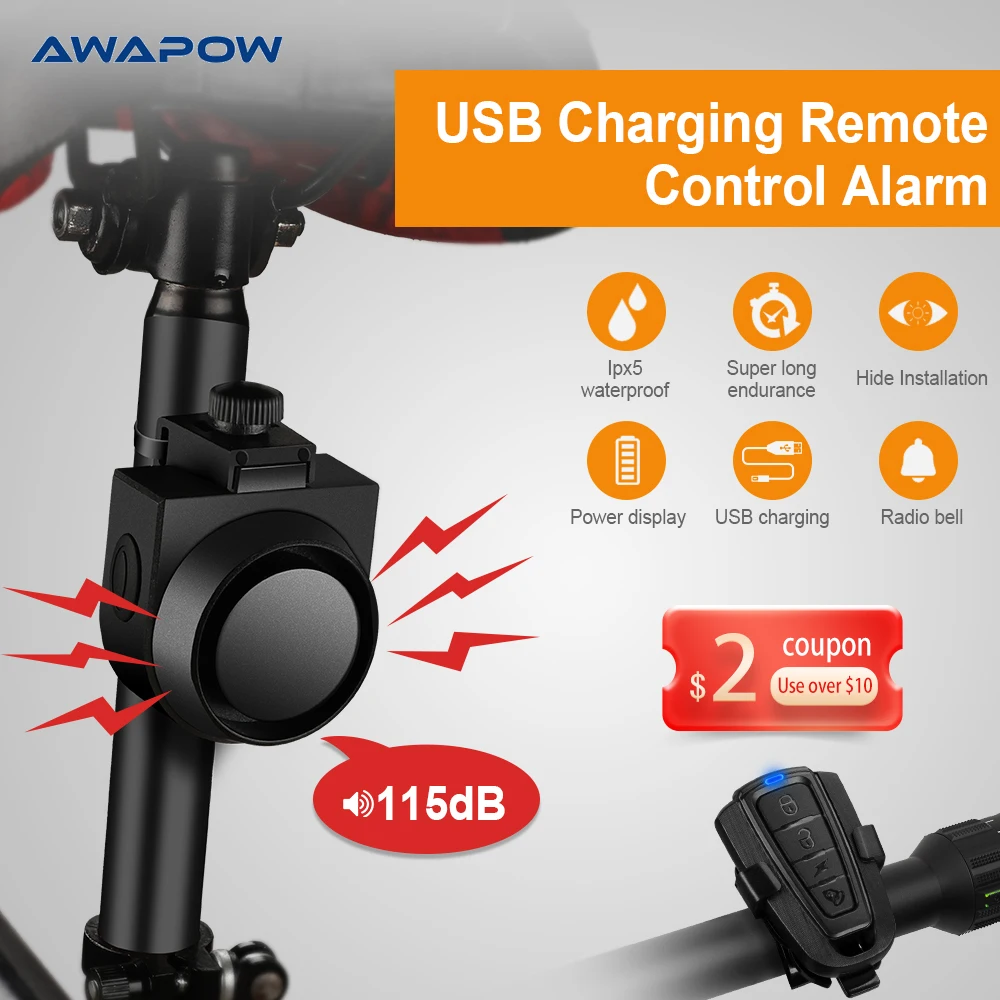 Сигнализация велосипедная Awapow Беспроводная с USB-зарядкой и защитой от кражи |