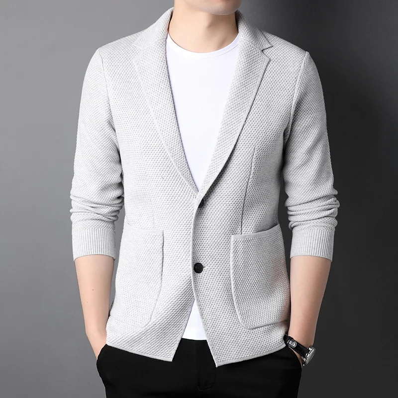 

High Quality Knitted Cardigan Men Fashion Slim Fit Sweatercoat Solid Turn Down Collar Korean Style Knit Jackets Mens Cardigan