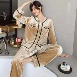 New Gold Velvet Pajamas Female Autumn And Winter New Small Fragrant Wind Shake Network Red Live Burst Home Clothing Outside