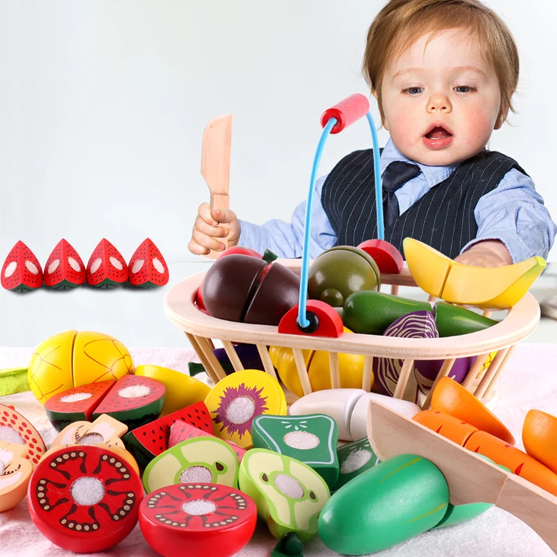 Toddler Simulation Kitchen Pretend Toy Wooden Play Food Cutting Magnetic Fruit Vegetable Set Montessori Educational Children Kid