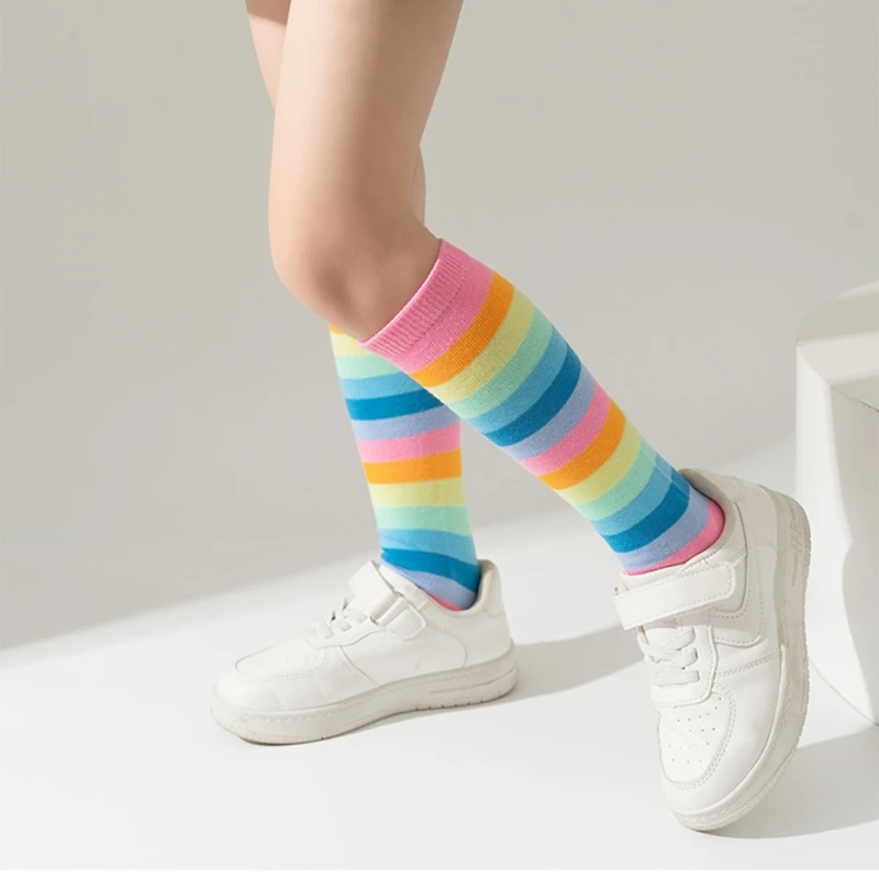 Spring Autumn Children's Long Stockings Rainbow Stripped Teen Girls Christmas Cosplay Party Socks Kids Girls Knee High Socks