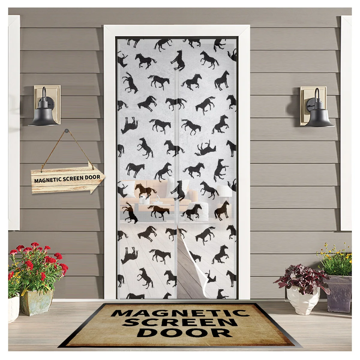 

Animal Black Horse Magnetic Door Window Screen Summer Anti Mosquito Insect Kitchen Bedroom Door Curtains