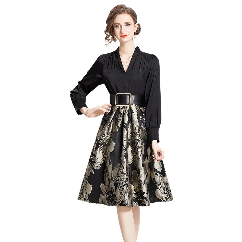 فستان أنيق أسود مطرز بالزهور فاخر على طراز الشارع...