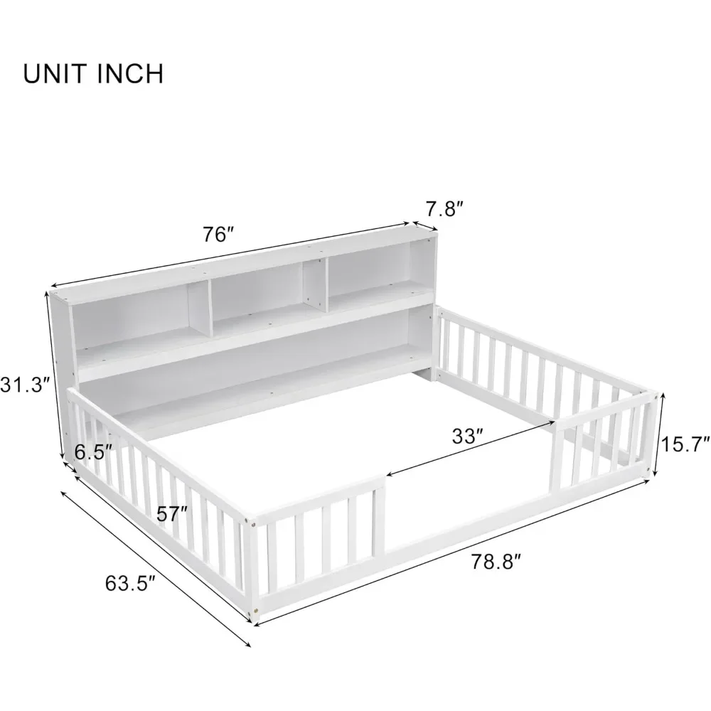 Full Montessori Floor Bed with Bedside Bookcase & Shelves, Full Size Floor Bed W/Safety Guardrails, No Box Spring Needed 2