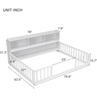 Kids Montessori Floor Bed, Full Size Floor Bed with Bookcase and Shelves, Full Bed Frame with Guardrails for Kids, Girls, Boys 2