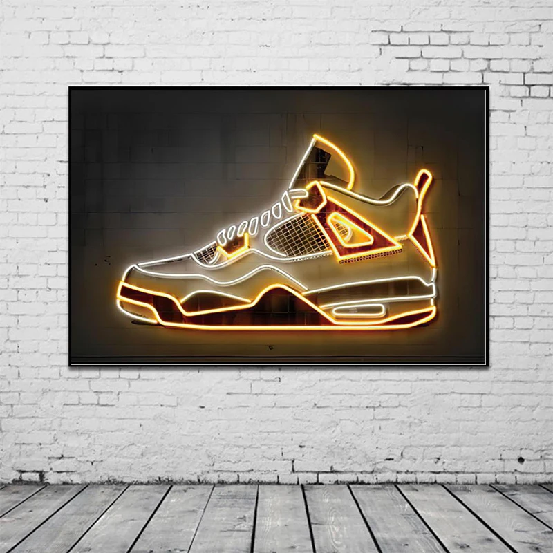 Fashion Sport Canvas Paintings Yellow Neon Sign Sneaker Shoes Posters