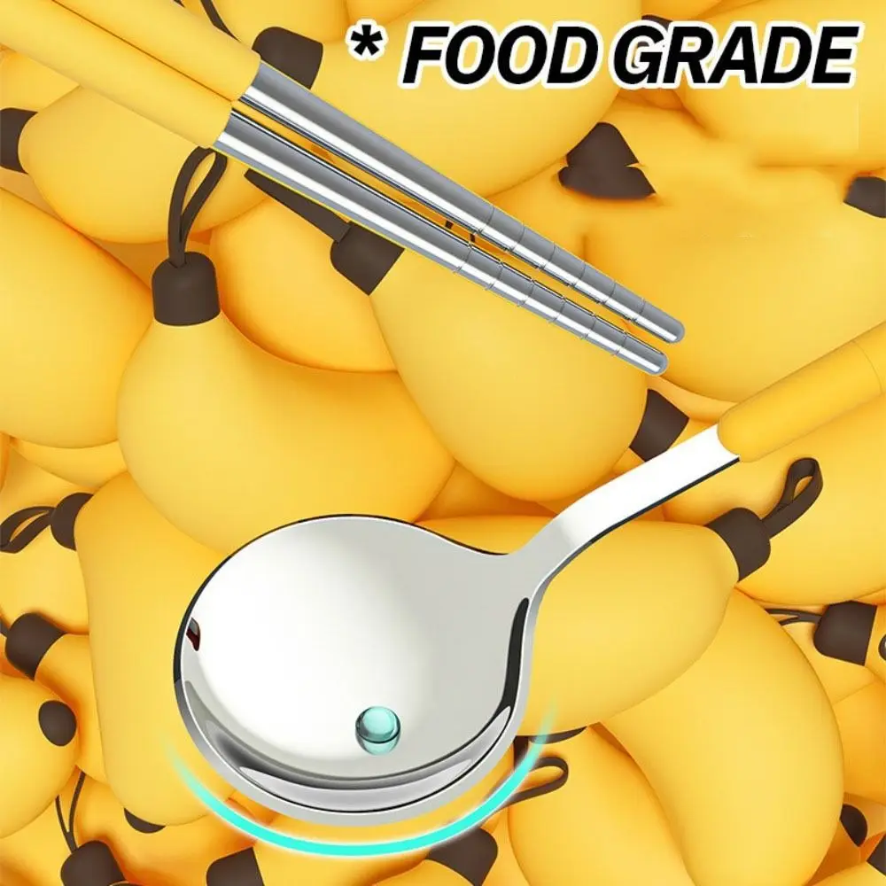 Portable Cartoon Banana Cutlery Set Mini Cute Spoon Chopsticks Set Snap Silent 304 Stainless Steel Travel Flatware Outdoor