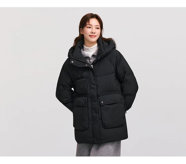 Down Jacket Women Mid-Length Loose Raglan Sleeve Simple Warm Winter Three-Defense Hooded Coat