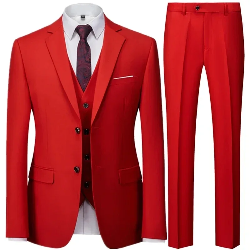 Men Casual Business Suit 3 Pieces Set Male Dress Blazers Jacket Two Button Blazers Trousers Pants Vest Waistcoat mens suit
