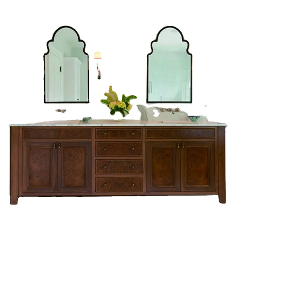 New Carved America Style Bathroom Cupboard With Double Basin And Mirror