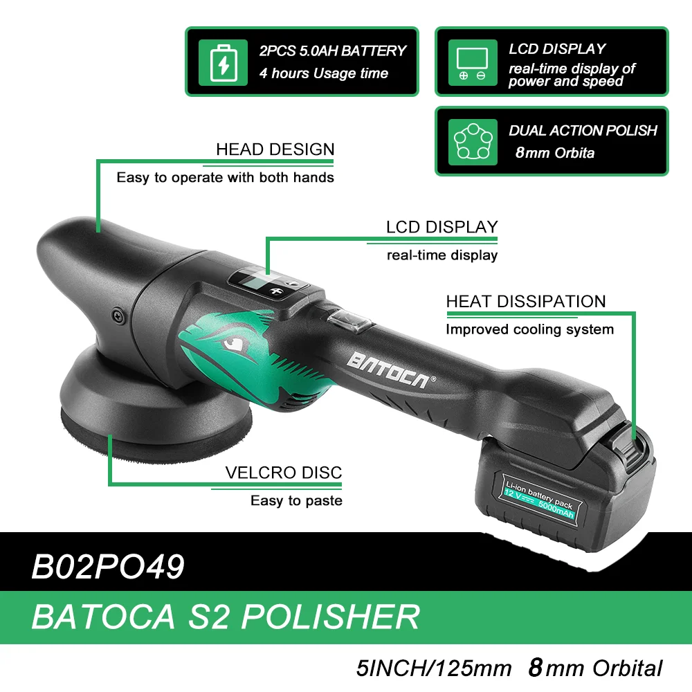 Batoca Draadloze Auto Polijstmachine Voor Draadloze Auto 'S Met 5.0ah Batterij Excentrische Borstelloze Buffer Met Dubbele Actie