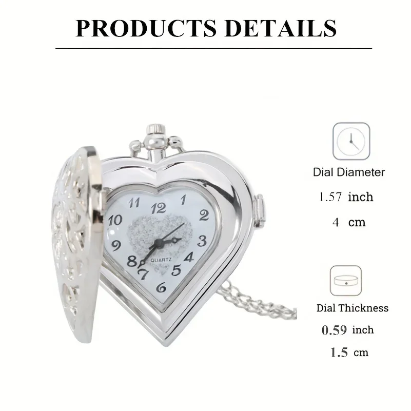 Retro Heart Pointer Quartz Pocket Watch - Hollow Out Analog Necklace Chain Pendant Watch - Perfect Valentines Gift for Her  Him