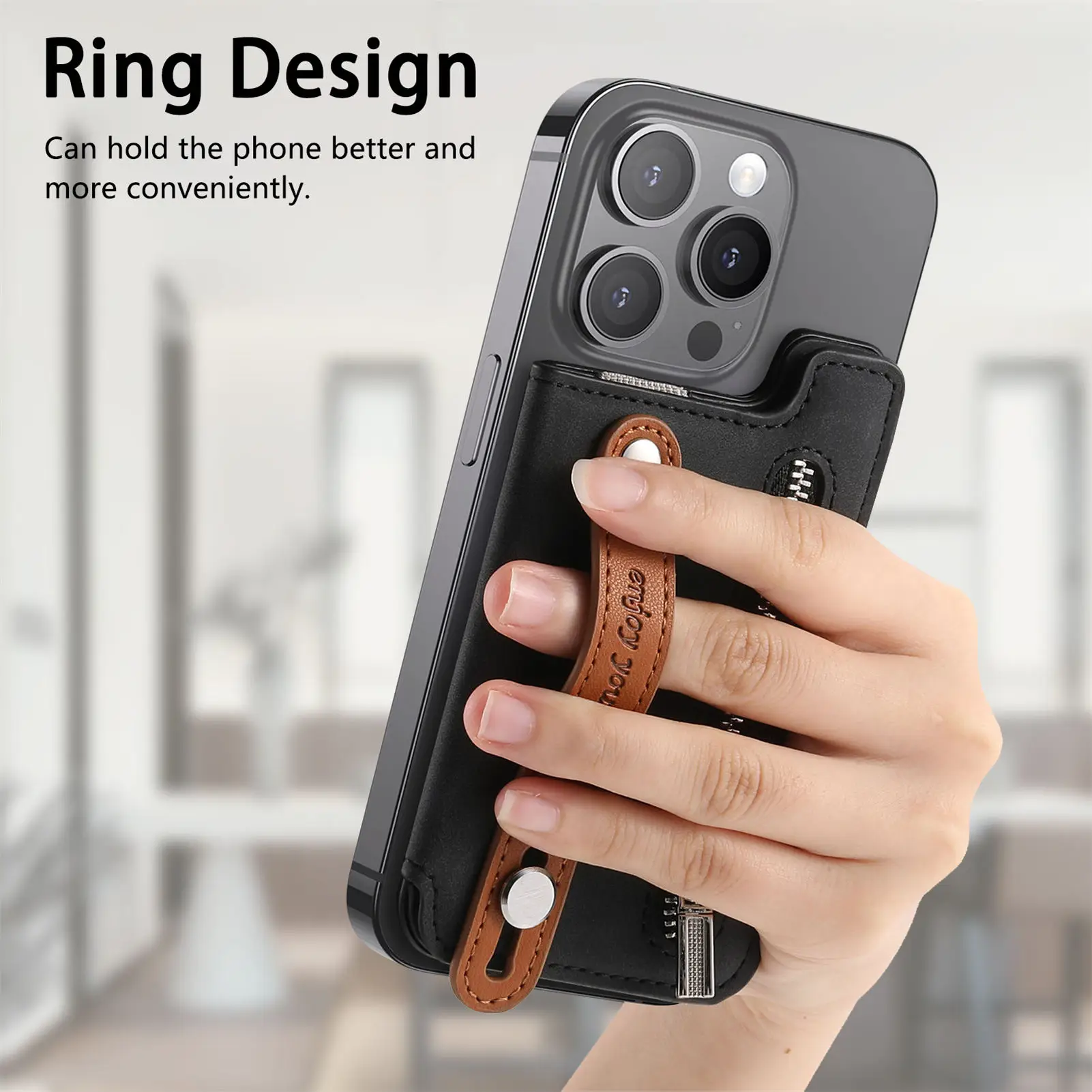 Compact Zipper Wallet with Magnetic Phone Case and Wrist Strap Holder