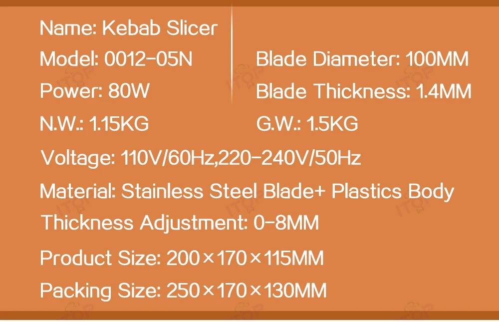 Description Picture 5 of itemITOP Electric Kebab Slicer Shawarma Machine Knife Doner Gyros Cutter With 2 Blades Kitchen Tools 110V/220V/240V