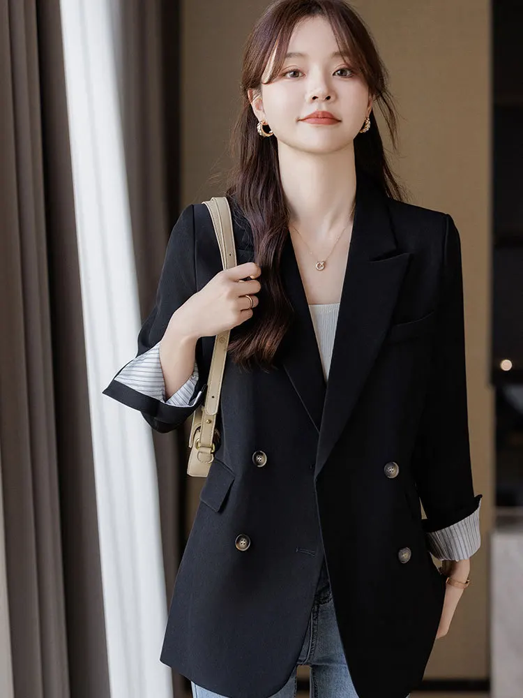 

2024New Early Spring Korean Style Double Breasted Lapel High-End Temperament Commuter Long Sleeve Solid Color Fried Street Chic