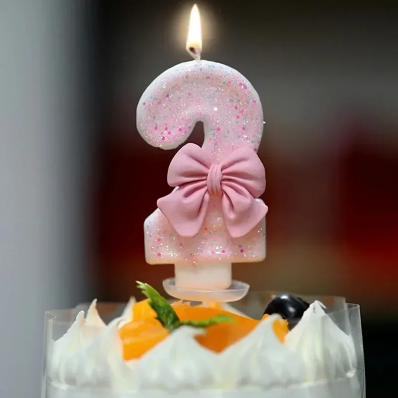 1PCS Cute Sequin Pink Big Number Bowknot Candle 3D Design Cake Topper Decoration Girls Birthday Cake Candles Dessert Ornament