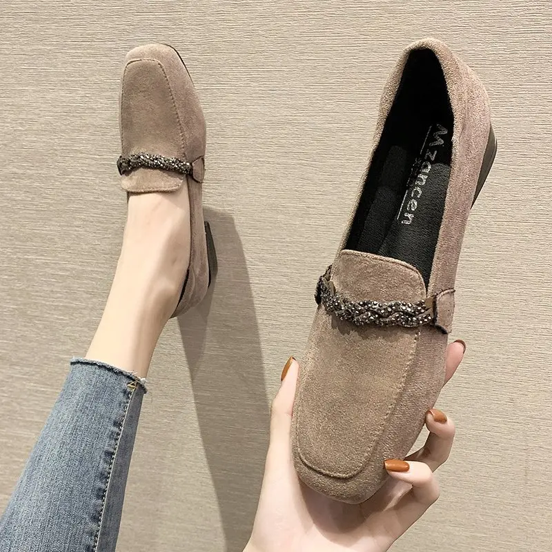 Women Shoes Women Flats Crystal Chain Flock Loafers Women Low Heels Espadrilles Women Shoes Ballerina Retor Square Toe Nubuck Velvet Moccasins Flats