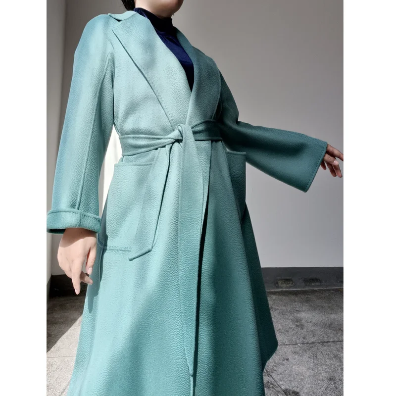 Casual Bathrobe Umbrella Hem Midi Cashmere Wool Coat  Autumn Winter Double-sided Water Ripple Elegant Long with Belt Lapel Neck