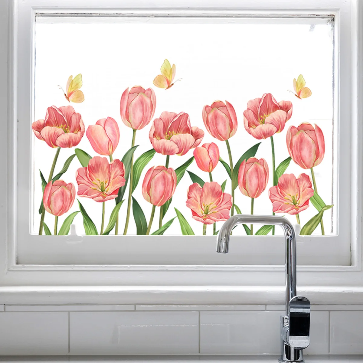 Pink Tulip & Butterfly Window Cling Stickers 56x29cm Double-Sided View Static Decals Home Decor Films