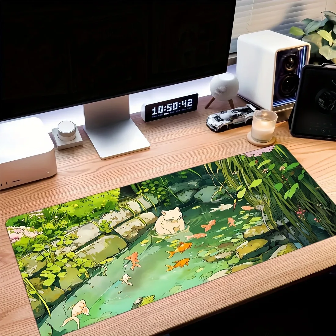 Large mouse pad with Naughty cat and koi pond design, 2mm non-slip rubber base, natural rubber material, rectangular gaming mous 5