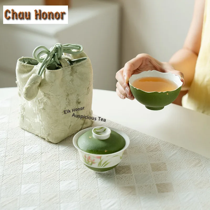 Green Oranges Sprinkled Gold Travel Tea Set Kit Retro 1 Pot 1 Cups Tea Maker Organizer Portable Outdoor Stock Bags Decoration