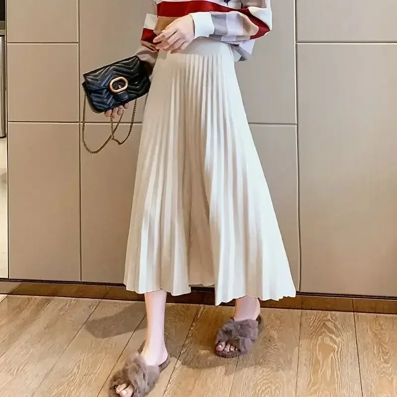 Knitted Long Maxi Skirt Women 2023 Fall Winter Casual Pleated Long Skirt Solid Thick Warm A Line High Skirt Female Ladies women blue pink blazer suit short set 2023 new in casual long sleeve jacket short trousers elegant office ladies short sets